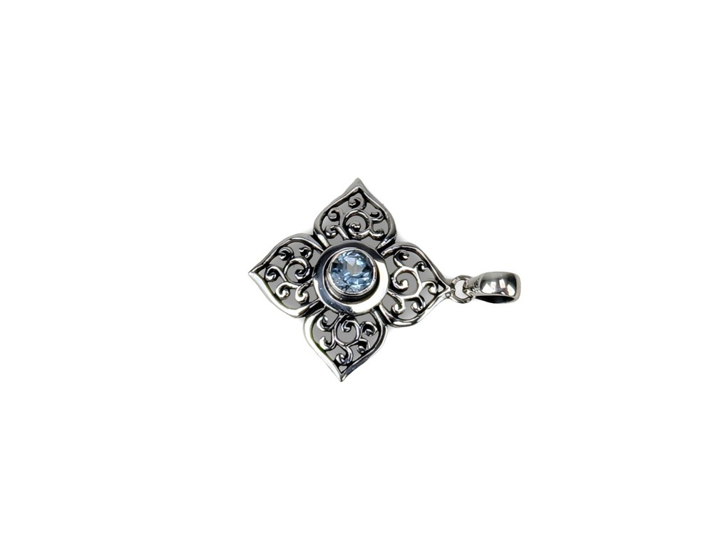 Blue Gemstone Pendant, Scrollwork Pendant, Ornate Silver Pendant