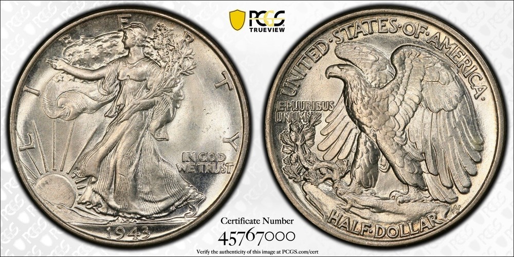 1943 50C Walking Liberty Gem PCGS MS65 Blast White