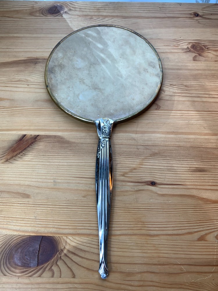 Vintage Hand Held Round Vanity Silver Plate Mirror
