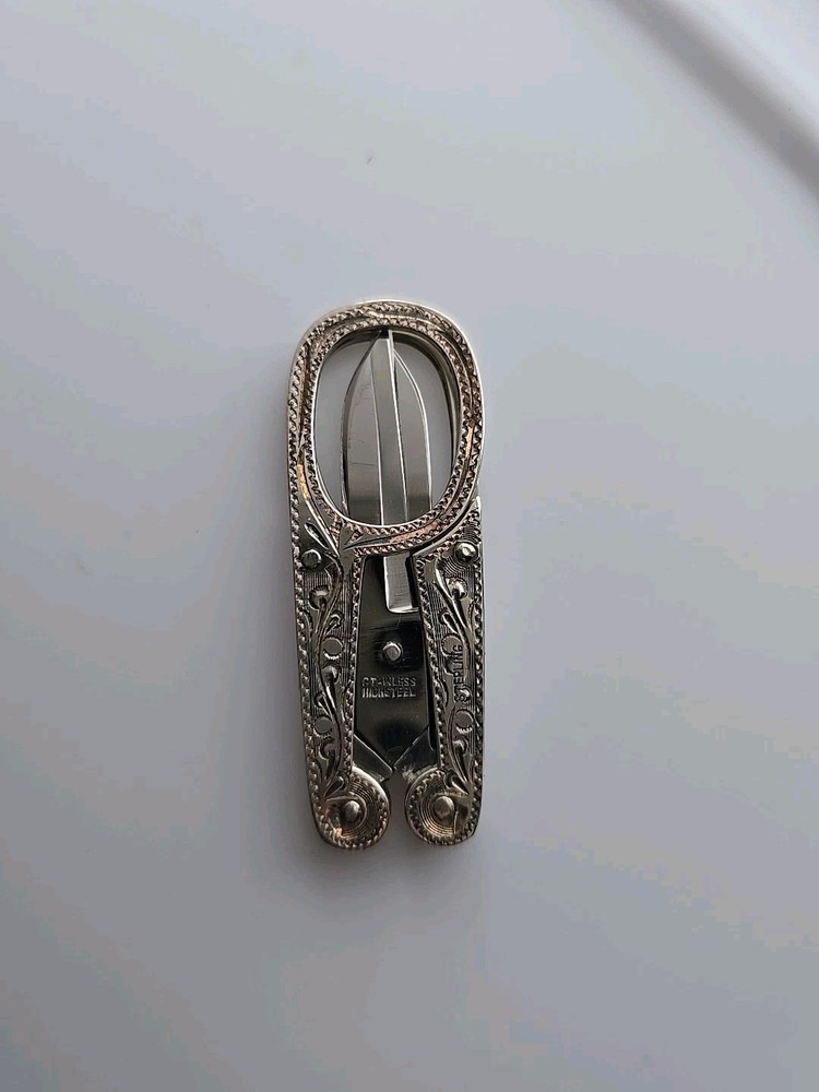 Japanese Sterling Folding Sewing Scissors Etched Design with Case