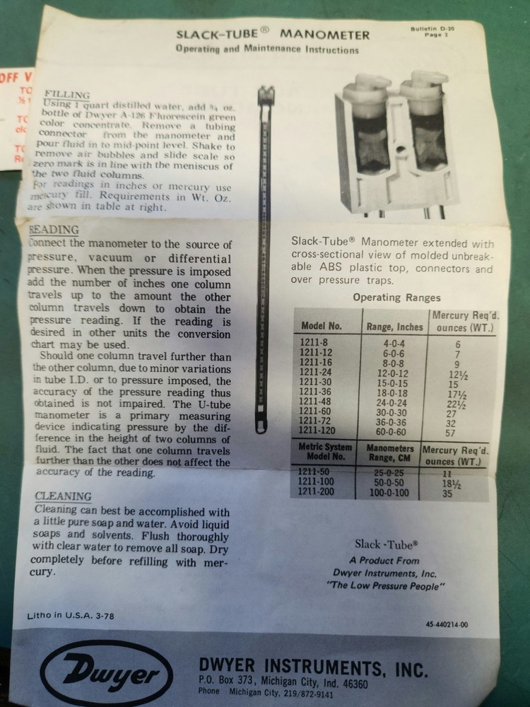 Dwyer Slack Tube Manometer