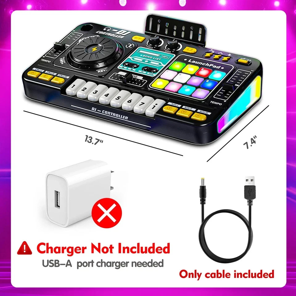 Kids DJ Mixer Controller with Bluetooth, LED Lights, Microphone - Birthday Gift