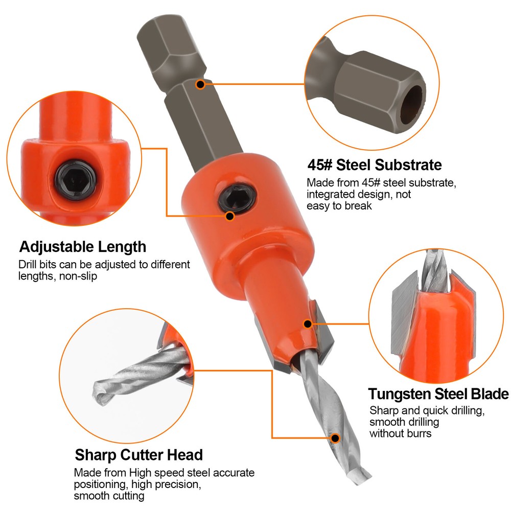 5Pcs Counter Sink Tapered Drill Bits 1/4" Hex Shank Quick Change for Woodworking