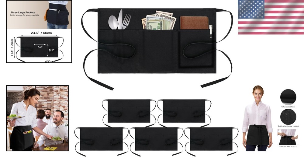 Professional Server Aprons - 6 Pack with Long Straps & 3 Pockets for Convenience