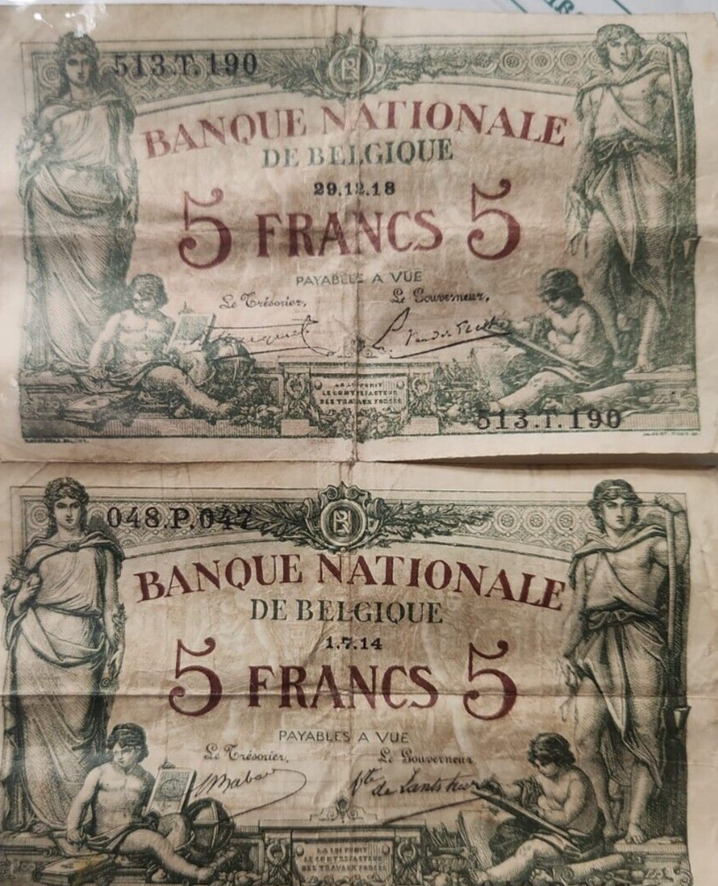 Belgium 5 Francs Pair 1914&1918, Different Dates Fine Condition BEAF3