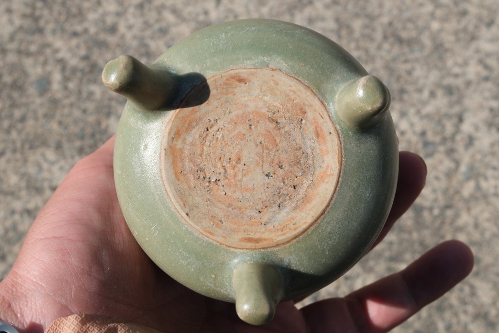 A0139. Longquan Celadon Tripod Censer with Double Handles