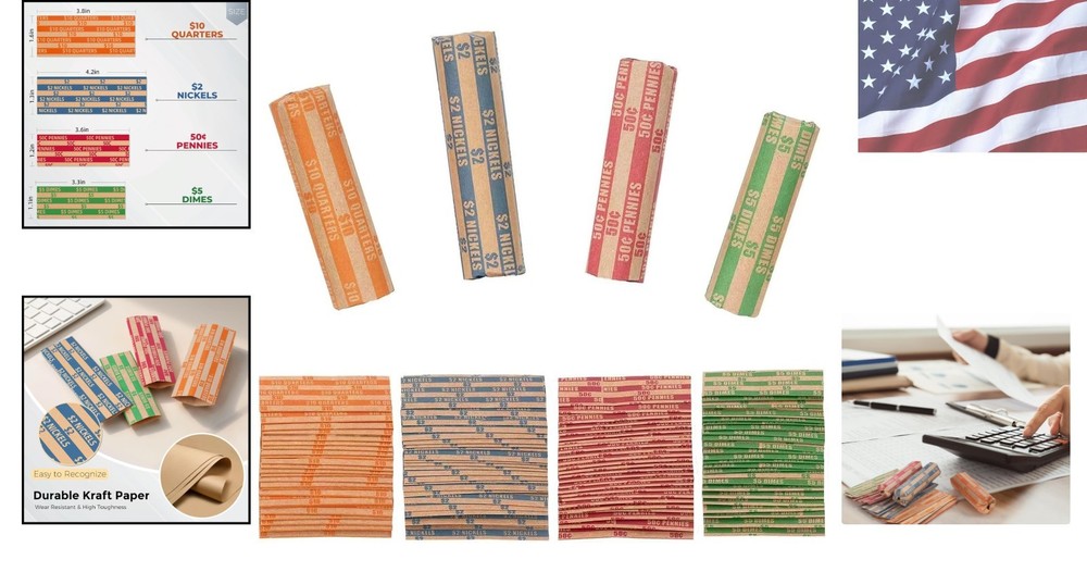 Assorted Coin Wrapper Pack - 100 Quality, Easy to Use, Color-Coded Rolls