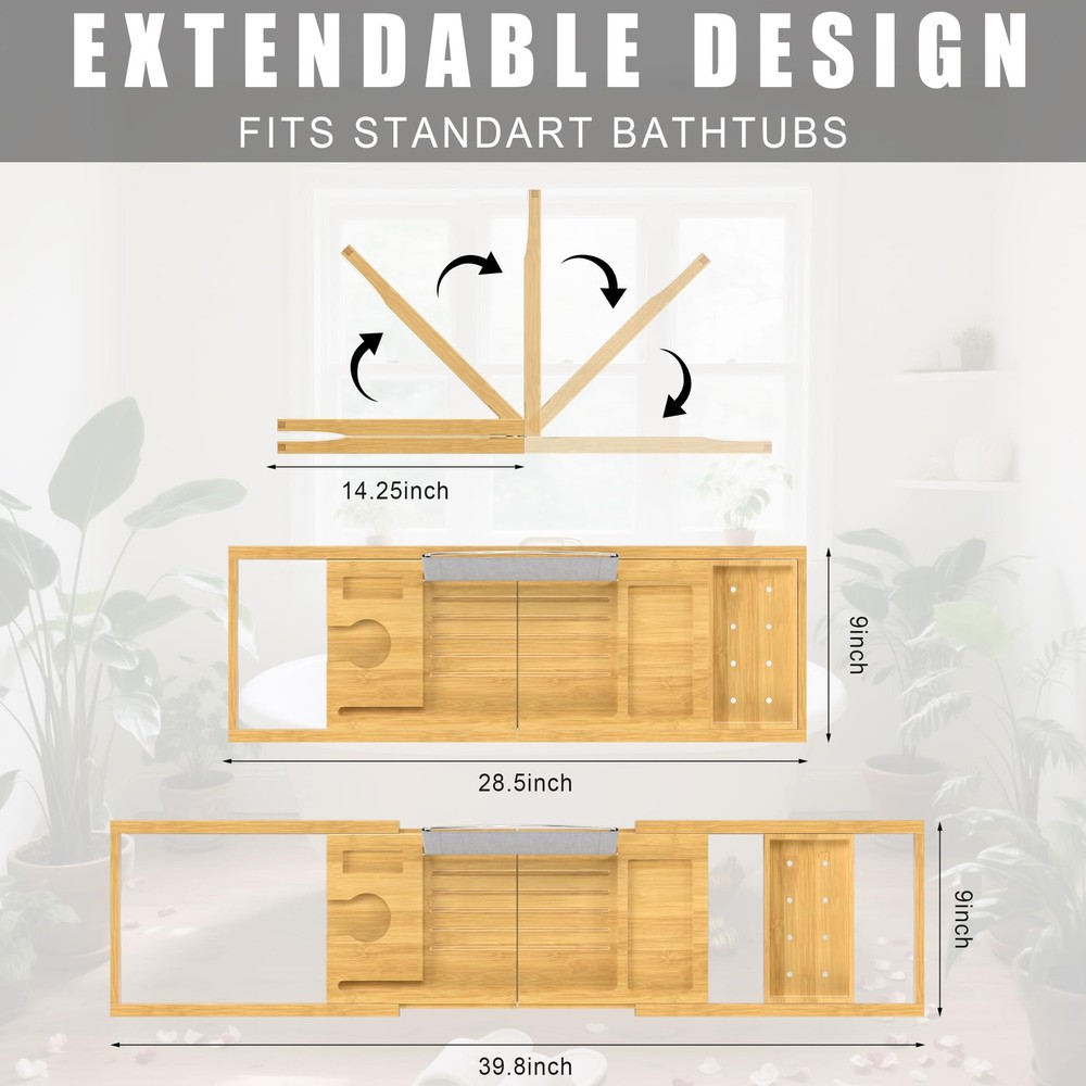 Foldable Bamboo Bathtub Caddy Tray - Expandable Bath Table for Relaxation
