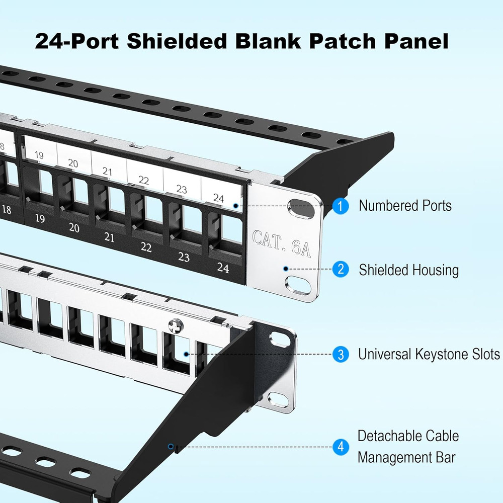 19” 1U Shielded Blank Patch Panel 24-Port Rack Mount Keystone Panel Cat6/Cat6A