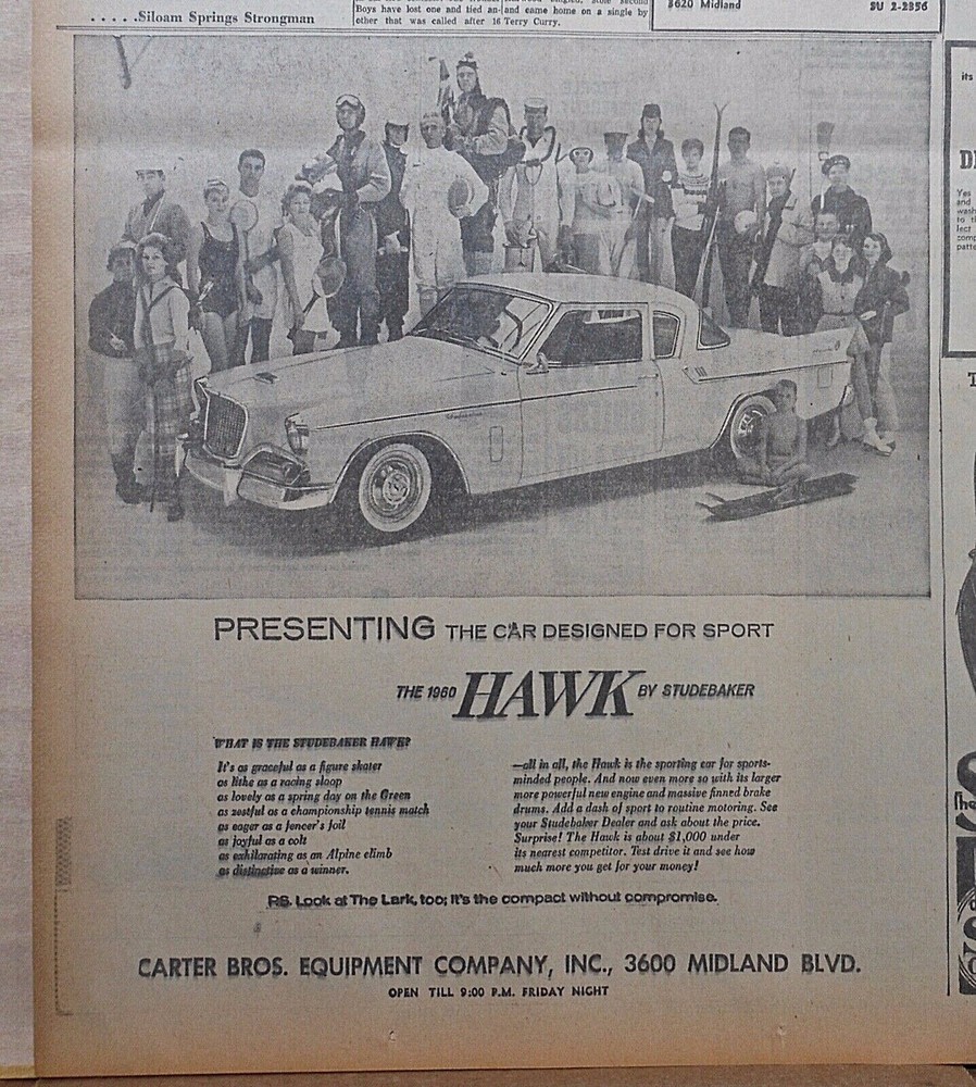 1960 newspaper ad for Studebaker - Hawk, The Car Designed for Sport