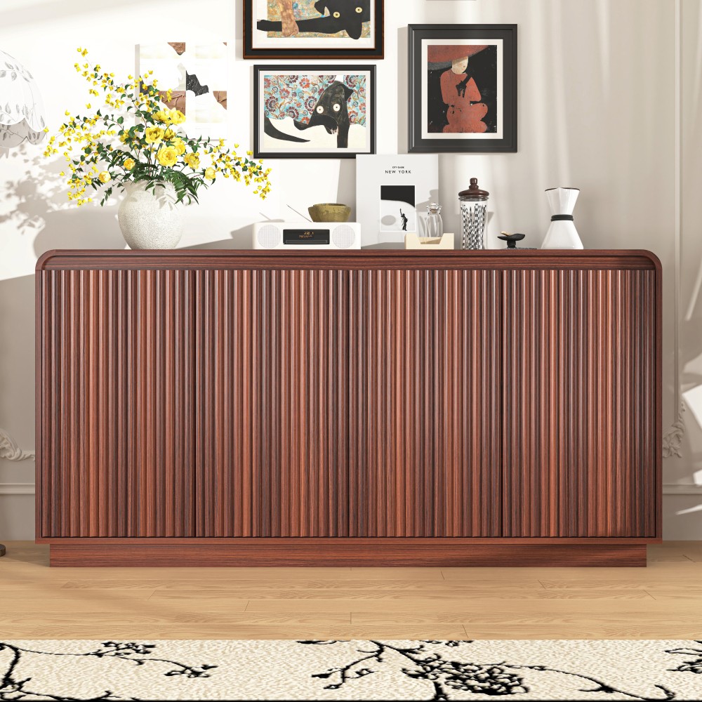 Walnut TV Stand with Power Outlet, Adjustable Storage, Fluted Handleless