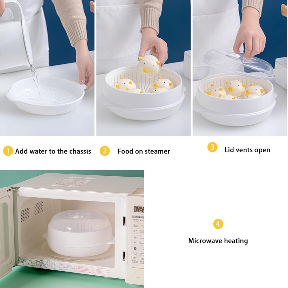 Plastic Microwave Heating Steamer with Lid and Tray White