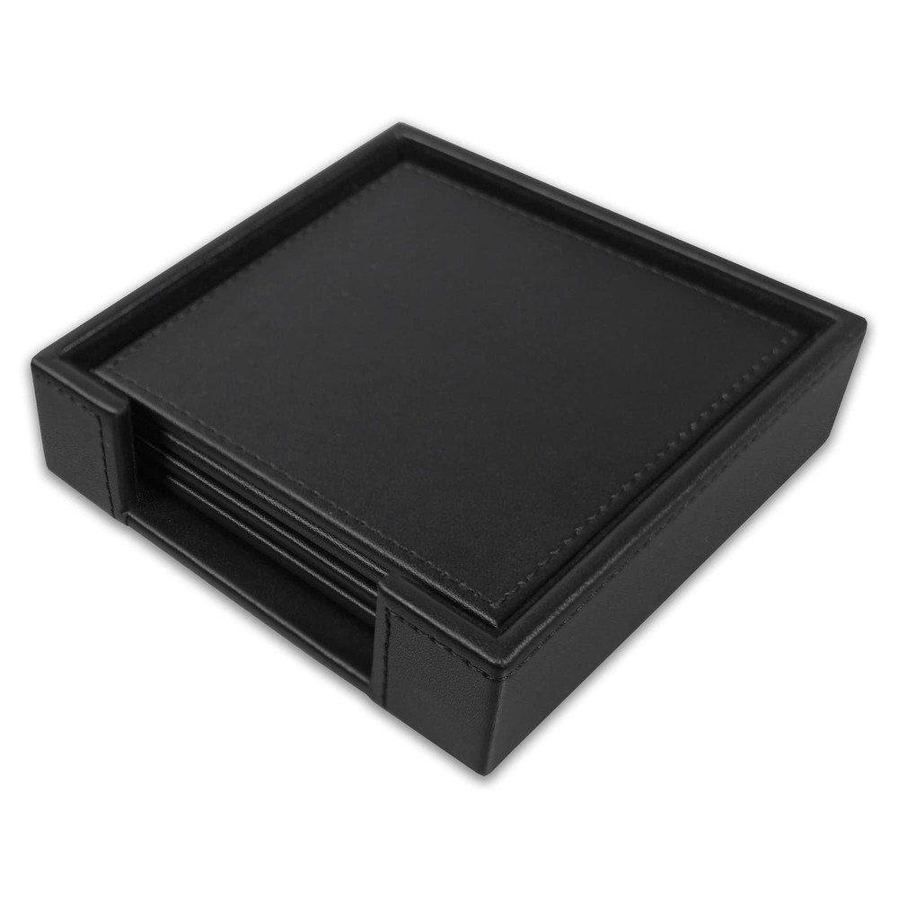 Black Leatherette 4 Square Coaster Set with Stitched Edging and Holder