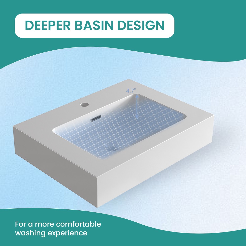 BB02-24-101, Integrated solid surface basin WITHOUT drain & faucet, glossy white