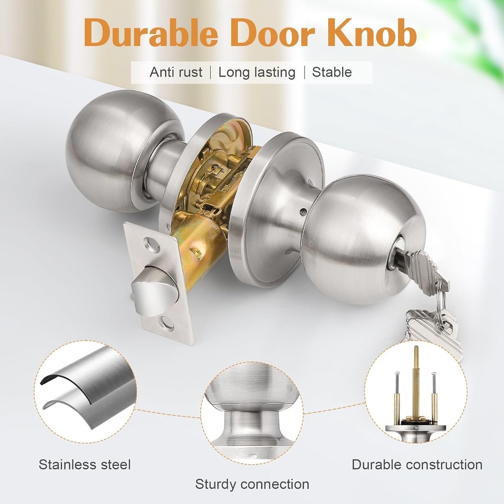 Probrico 2 Pack Keyed Alike Entry Door Knobs with Lock 2 Pack, Brushed Nickel