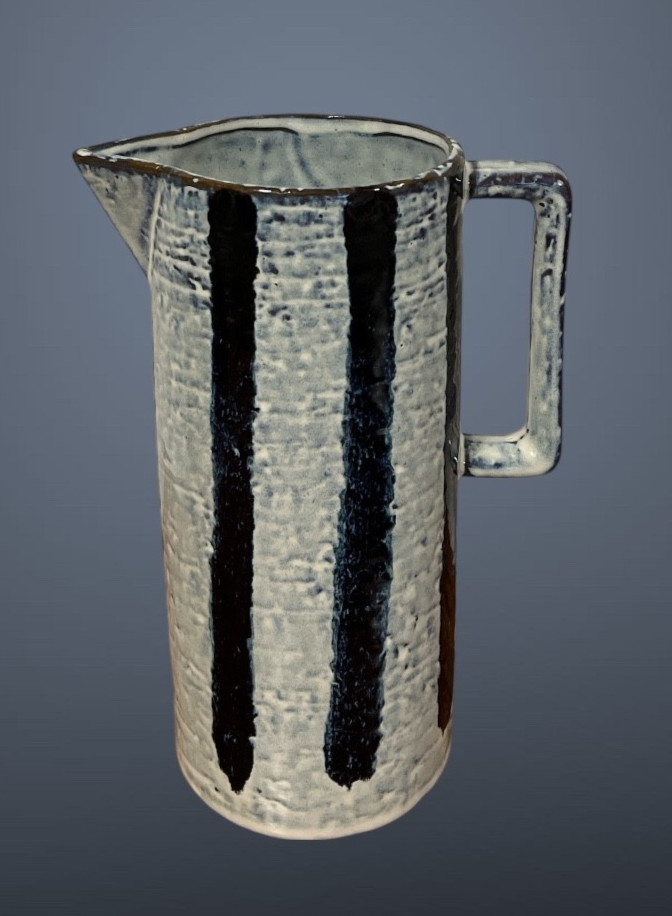 Mud Pie Pitcher 9" Blue Gray Stripe Ceramic Reactive Glaze Rustic Boho Farmhouse