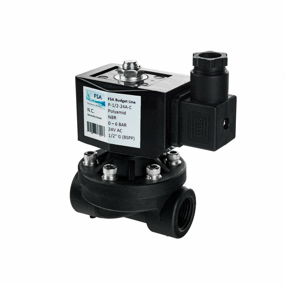 FSA Solenoid Valve Plastic Currentless Closed 1/2-2" up to 90°C
