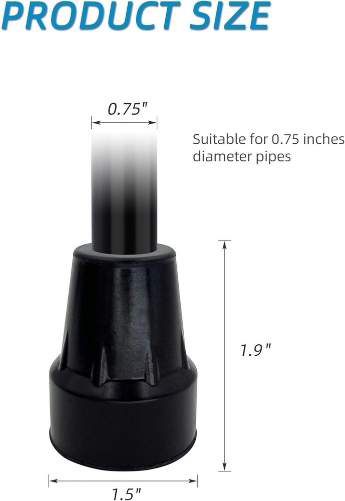 Natural Rubber Replacement Cane Tips - 3/4 Inch Black with Traction - 2 Pack