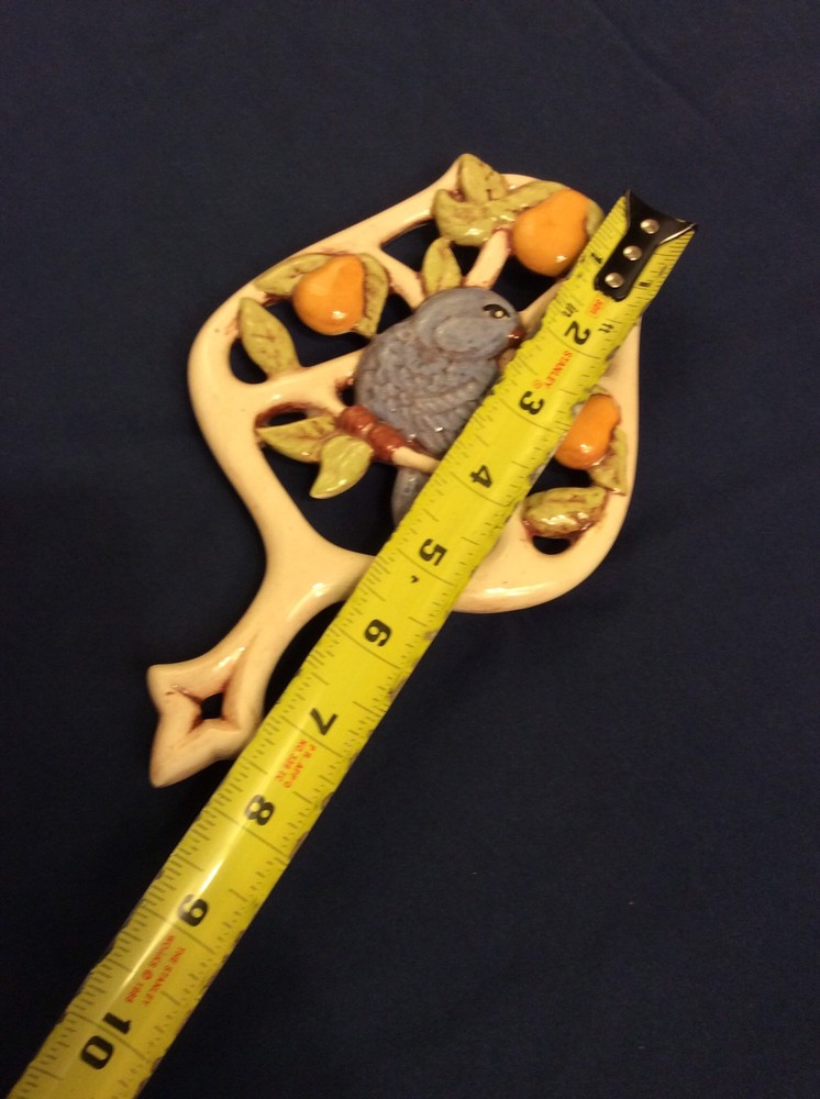 Ceramic Owl Pan Rest Trivet With Bluebird and Pear tree AA