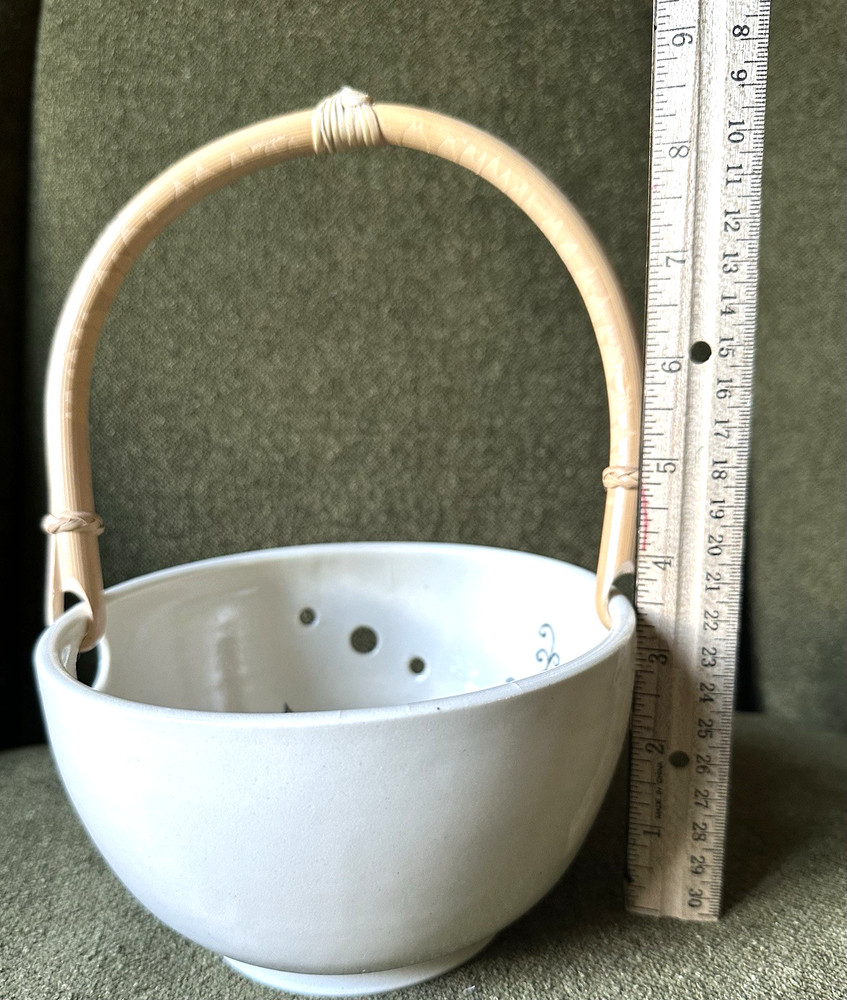 Studio Art Ceramic Yarn Bowl With Bamboo Handle - Hand-painted