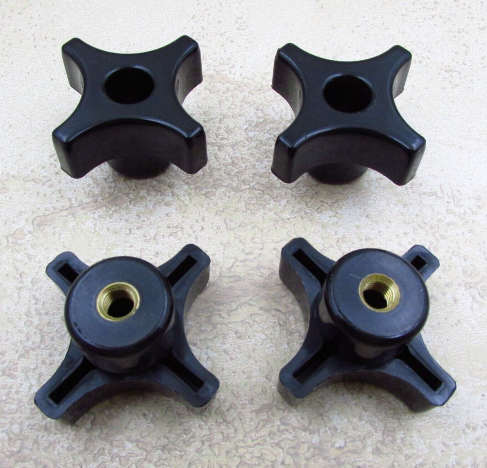 QTY (4), 1/4-28 Fine Thread, Clamping, Thru Hole, Plastic Grip, 4 Point, Knobs
