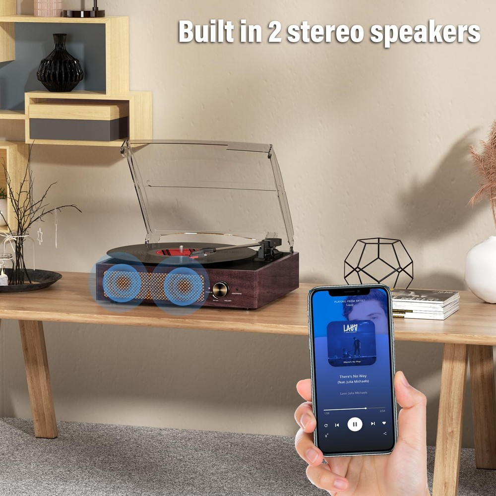 Vinyl Record Player Turntable with Built-in Bluetooth Receiver & 2 Stereo Spe...
