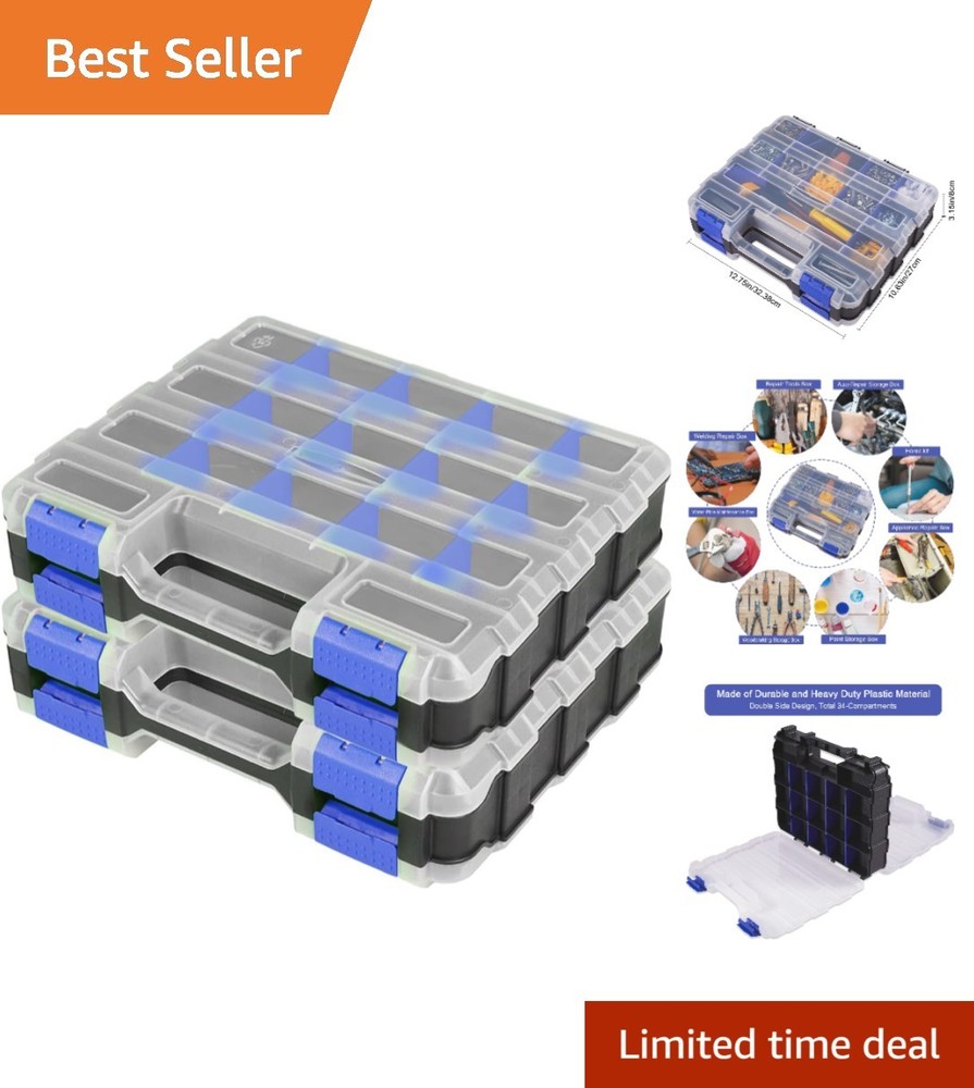 34-Compartment Parts Organizer Storage Box, Double-Sided, 2 Pack - Durable & ...