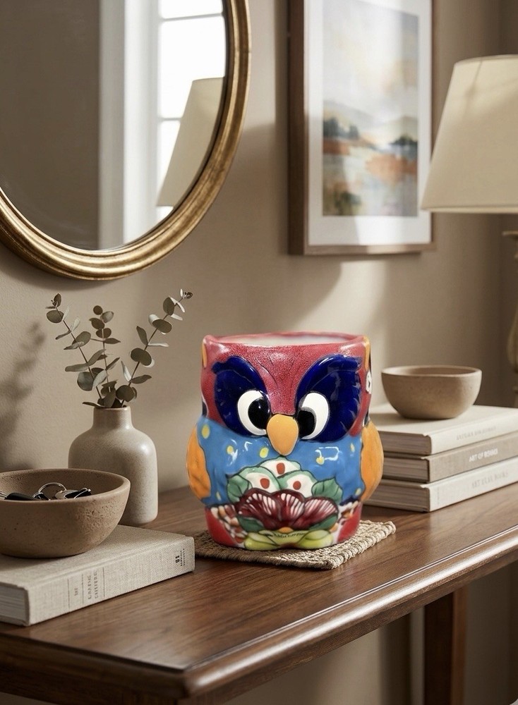 Ceramic Owl-Shaped Planter, Mexican Talavera, Multicolor, 6", Glossy Finish