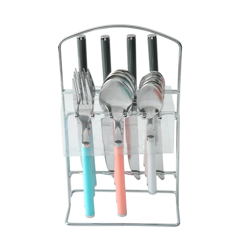 17 Piece Stainless Steel Flatware Set with Storage Rack Service For 4 Multicolor