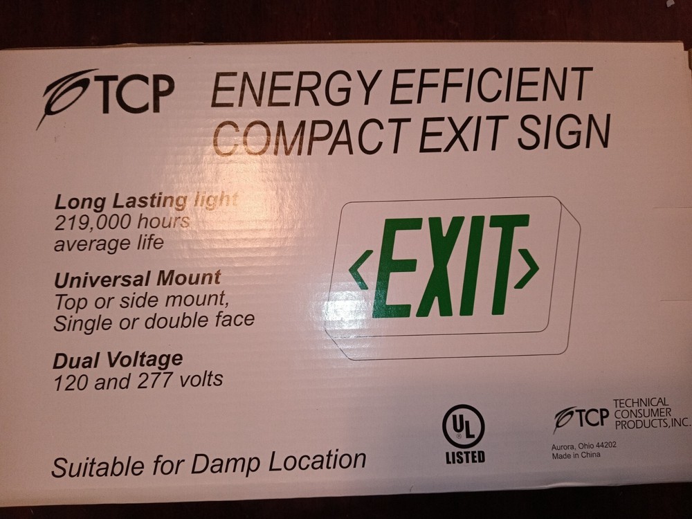 TCP Energy Efficient Compact Damp Location Green LED Emergency Exit Sign Kit New