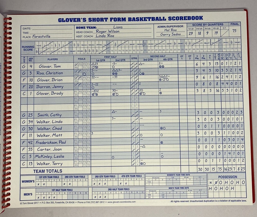 Glover's Short Form 35 Game Basketball Score Book