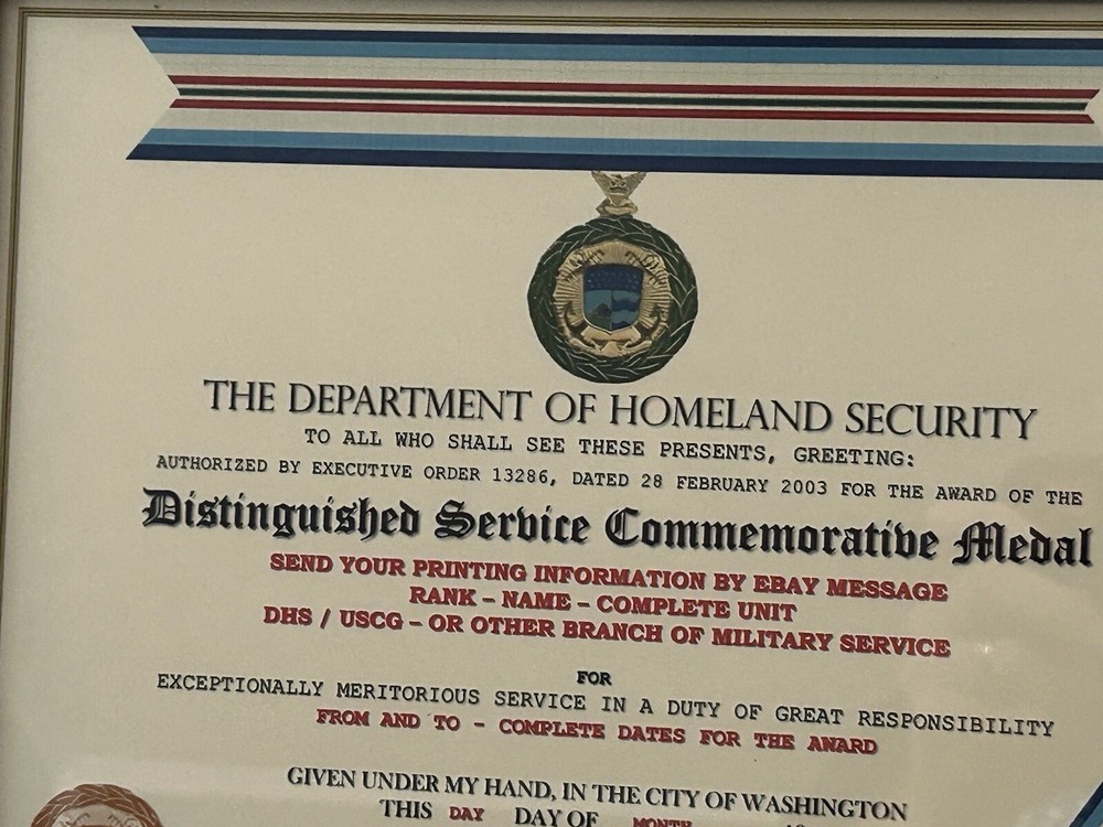 D.H.S. DISTINGUISHED SERVICE COMMEMORATIVE MEDAL CERTIFICATE ~ Type 1