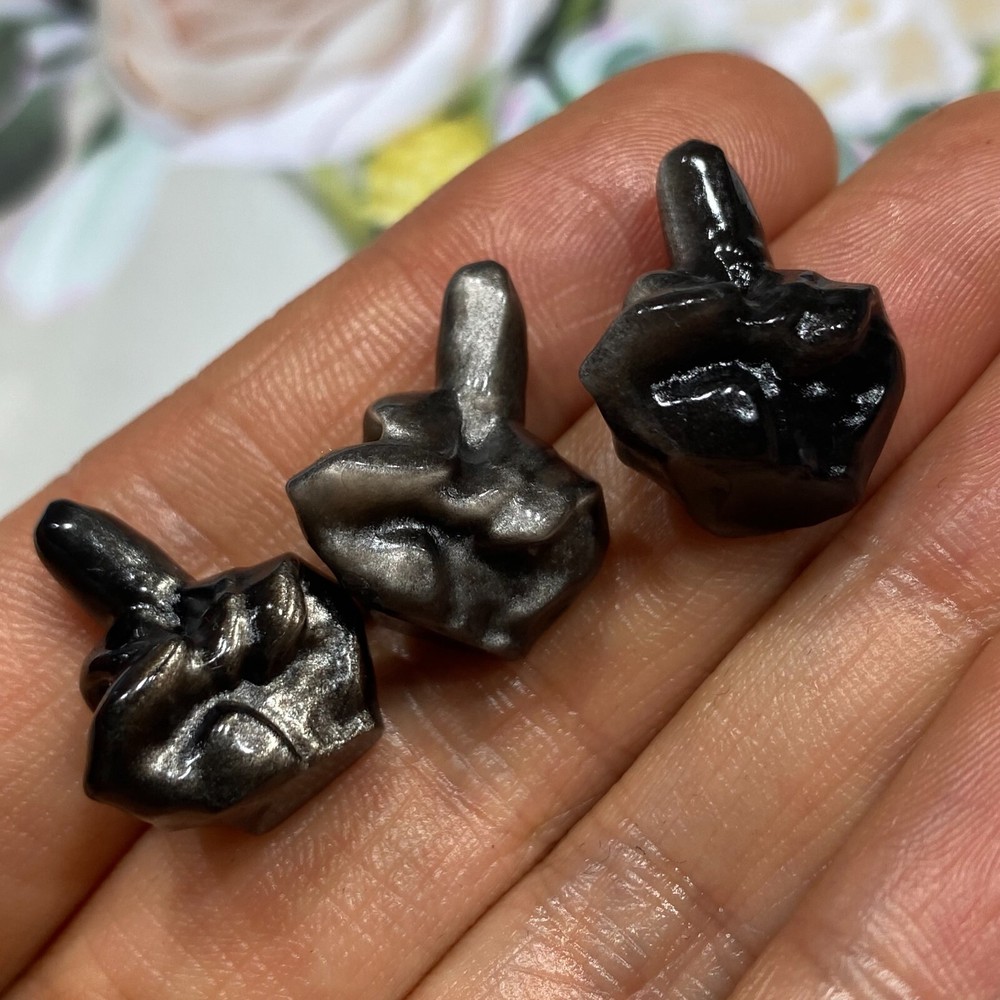 Natural silver obsidian Quartz mini Finger hand carved crystal healing 3PC