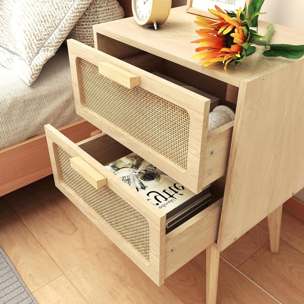 Rattan Nightstand,Boho Bedside with Storage,End Table,Side - Natural