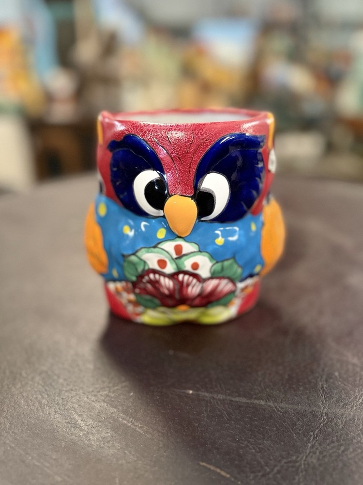 Ceramic Owl-Shaped Planter, Mexican Talavera, Multicolor, 6", Glossy Finish