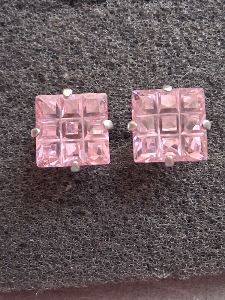 Sterling silver invisible cut pink stone grid pattern stud earrings, prong set