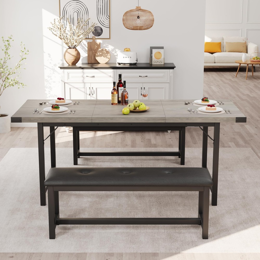 Dining Table Set for 4-8, 63" Rectangular Wooden Extendable Kitchen Table wit...