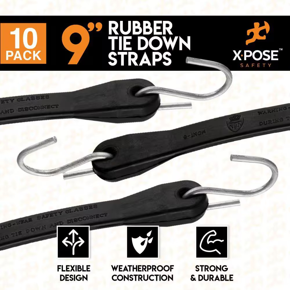 9 In. Molded Rubber Tie down Straps - 10 Pack
