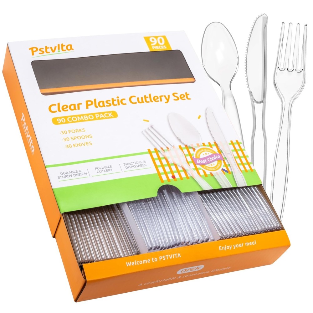 Heavy Duty Plastic Silverware - Clear Utensils Disposable Cutlery Set Pack of...