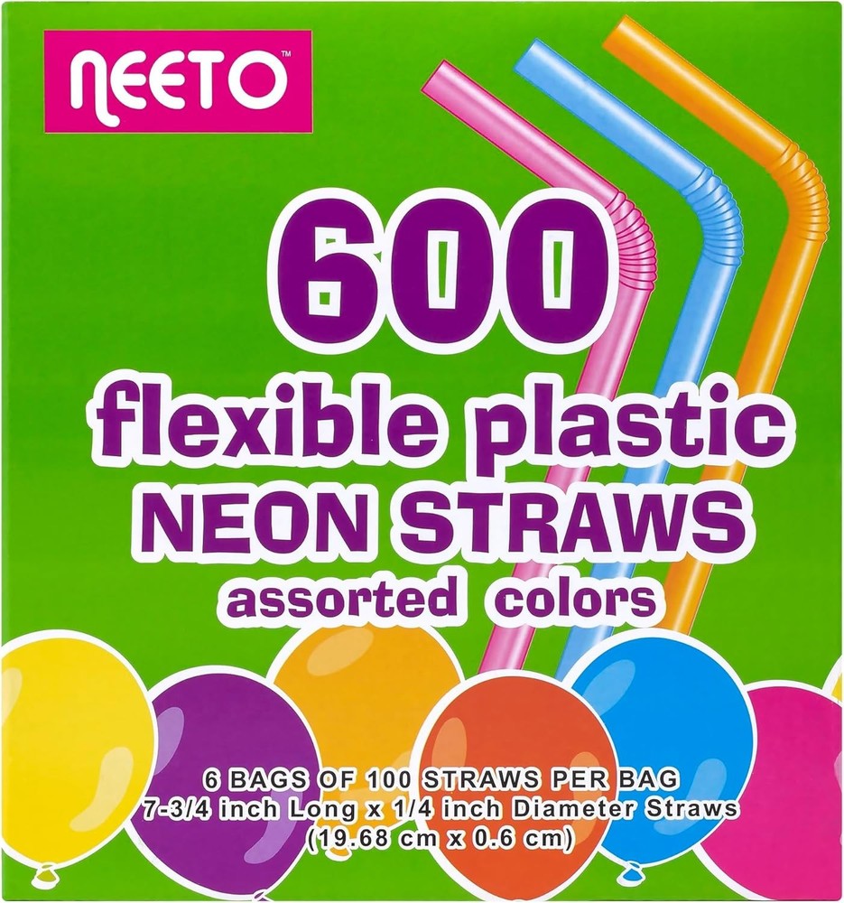600 Count Neon Straws 7.75" - Bright Plastic Drinking Straws
