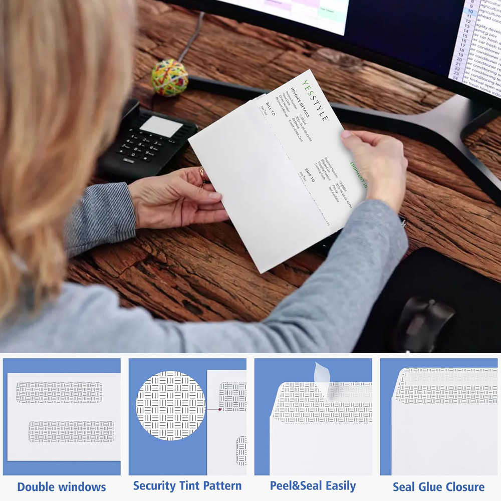 #8 Double Window Security Check Envelopes,70 Count Double Window Self Seal Secur