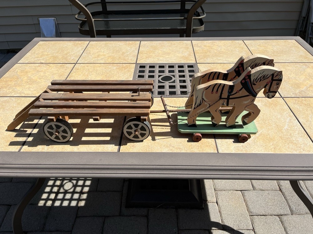 Vintage Wood Hand Painted Two Horses Pulling Cart