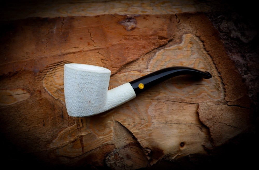 9MM Rustic Patterned Panel Meerschaum Pipe With Leather Case- Astaş Meerschaum
