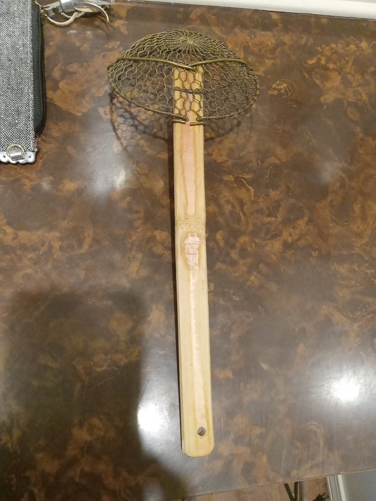Vintage Twisted Brass Wire Mesh Strainer Spoon 12” Brass Bamboo Handle