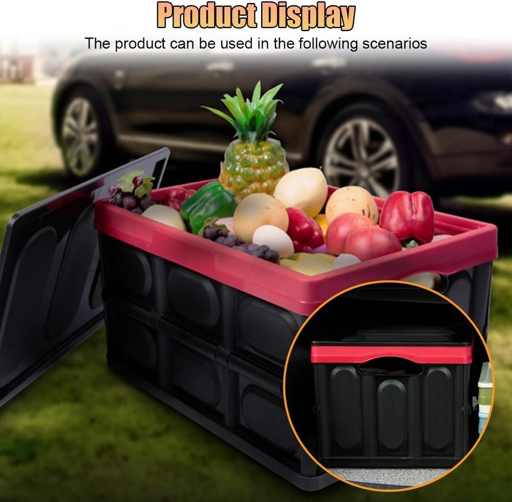Car Trunk Organizer, Foldable Plastic Cargo Storage Box with Lid, Large Car Tool