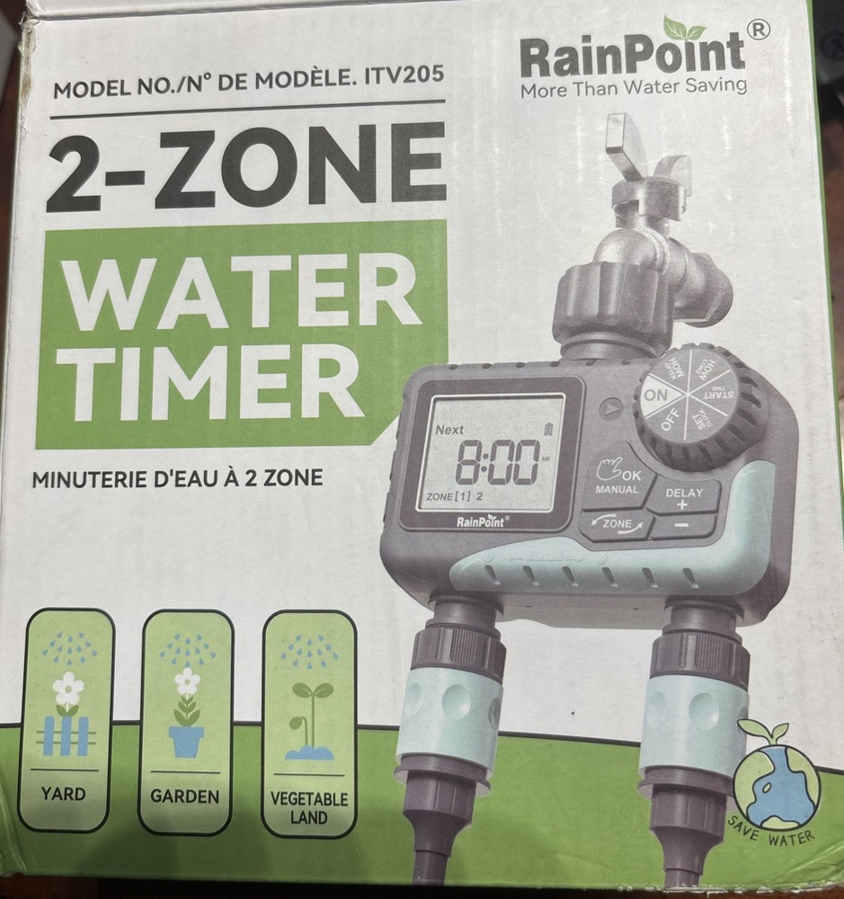 New ITV205 RainPoint Programmable 2 Zone Water Timer w/Rain Delay/Auto Control