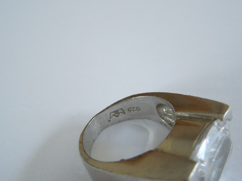 925 Sterling Silver Ring Stone Transparent Clear Large 14.4 G/Size 54