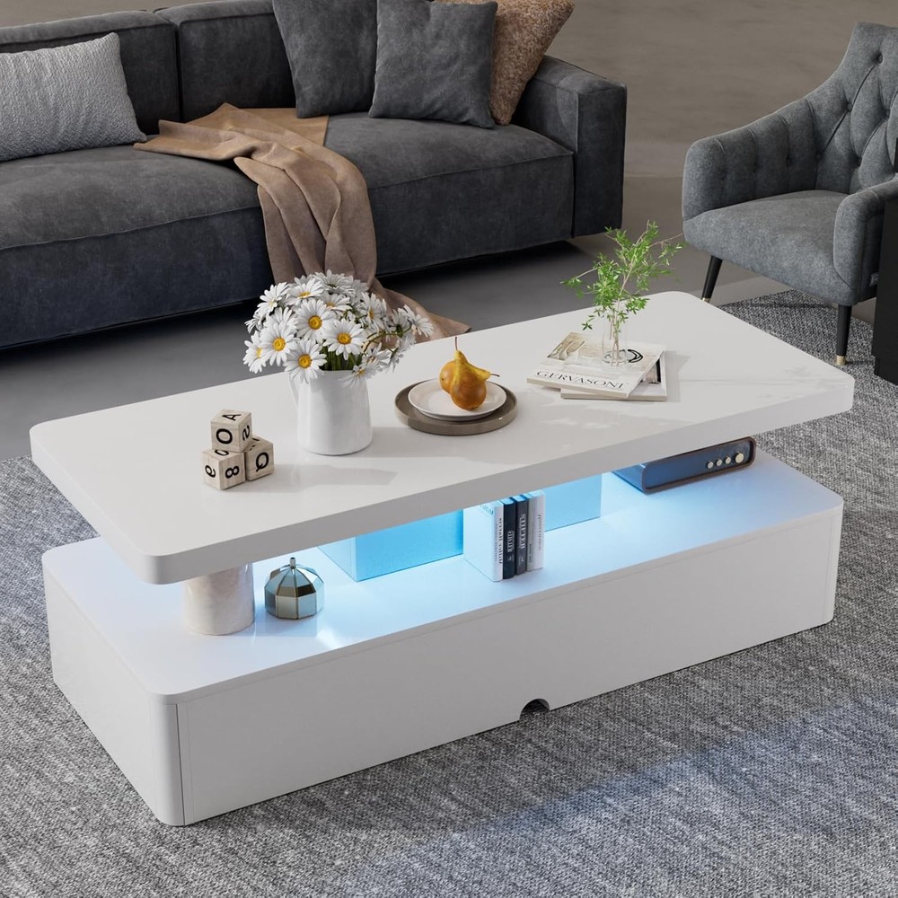 Modern Stylish Coffee Table Colors LED Lights, Double-Layer