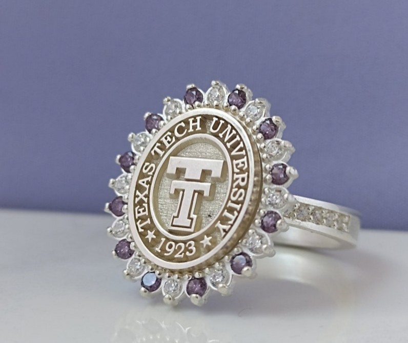 Texas Tech University Class Ring 1923 Silver with Purple & White Stones