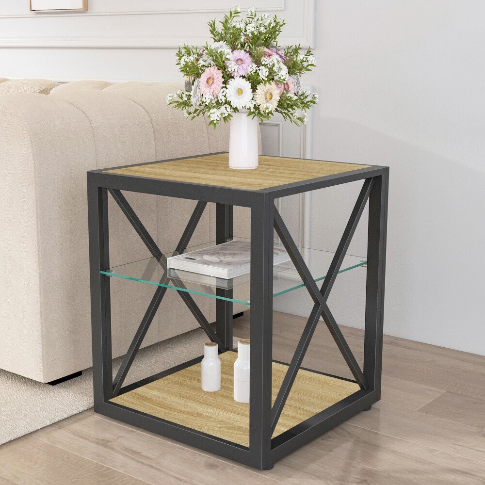Industrial End Table - Glass & MDF Top, 3-Tier Storage (110lbs Capacity)